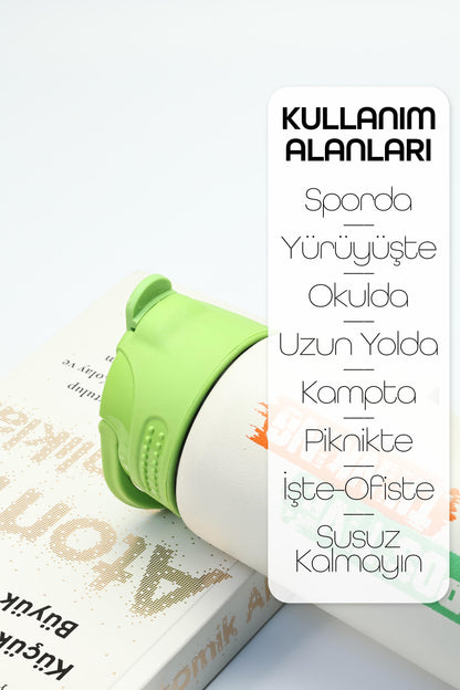 Paslanmaz 304 Çelik Matara Pipetli Motivasyon Matarası Suluğu 304 Çelik Suluk Yeşil 750 ml 1156