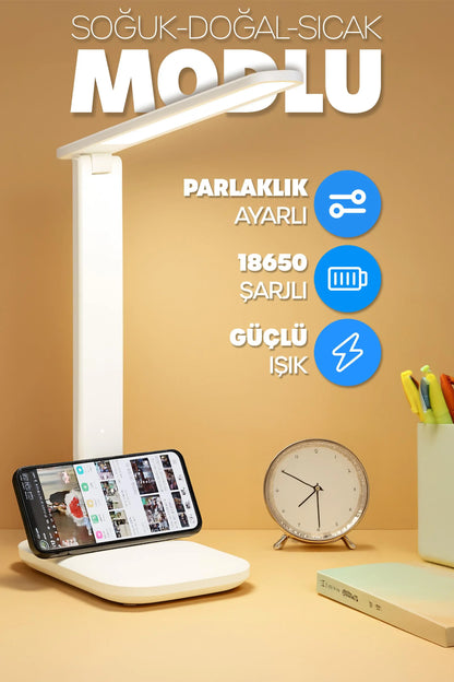 Şarjlı Masa Lambası 3 Renk Dokunmatik Telefon Standlı Kademeli Çalışma Okuma Işığı Lambası 9W Beyaz