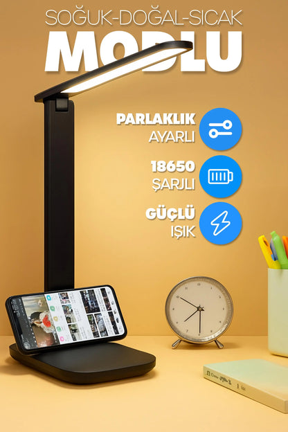 Şarjlı Masa Lambası 3 Renk Dokunmatik Telefon Standlı Kademeli Çalışma Okuma Işığı Lambası 9W Siyah