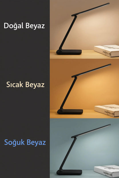 Şarjlı Masa Lambası 3 Renk Dokunmatik Telefon Standlı Kademeli Çalışma Okuma Işığı Lambası 9W Siyah