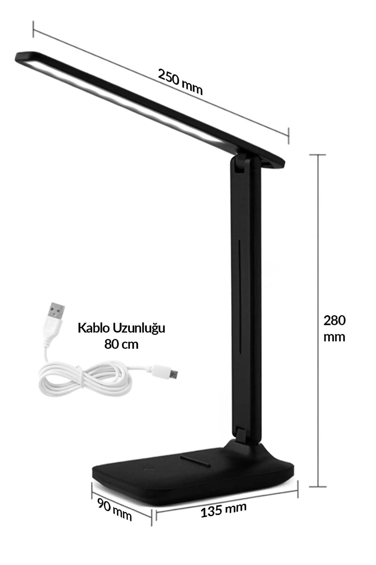 Şarjlı Masa Lambası 3 Renk Dokunmatik Telefon Standlı Kademeli Çalışma Okuma Işığı Lambası 9W Siyah