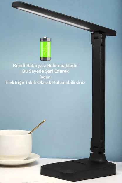 Şarjlı Masa Lambası 3 Renk Dokunmatik Telefon Standlı Kademeli Çalışma Okuma Işığı Lambası 9W Siyah
