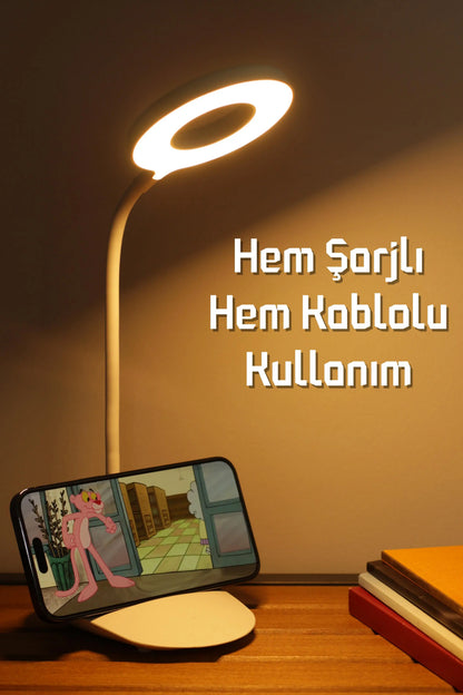 Şarjlı Masa Lambası Dokunmatik 3 Renk 24 Led Telefon Standlı Kademeli Çalışma Okuma Işığı Lambası