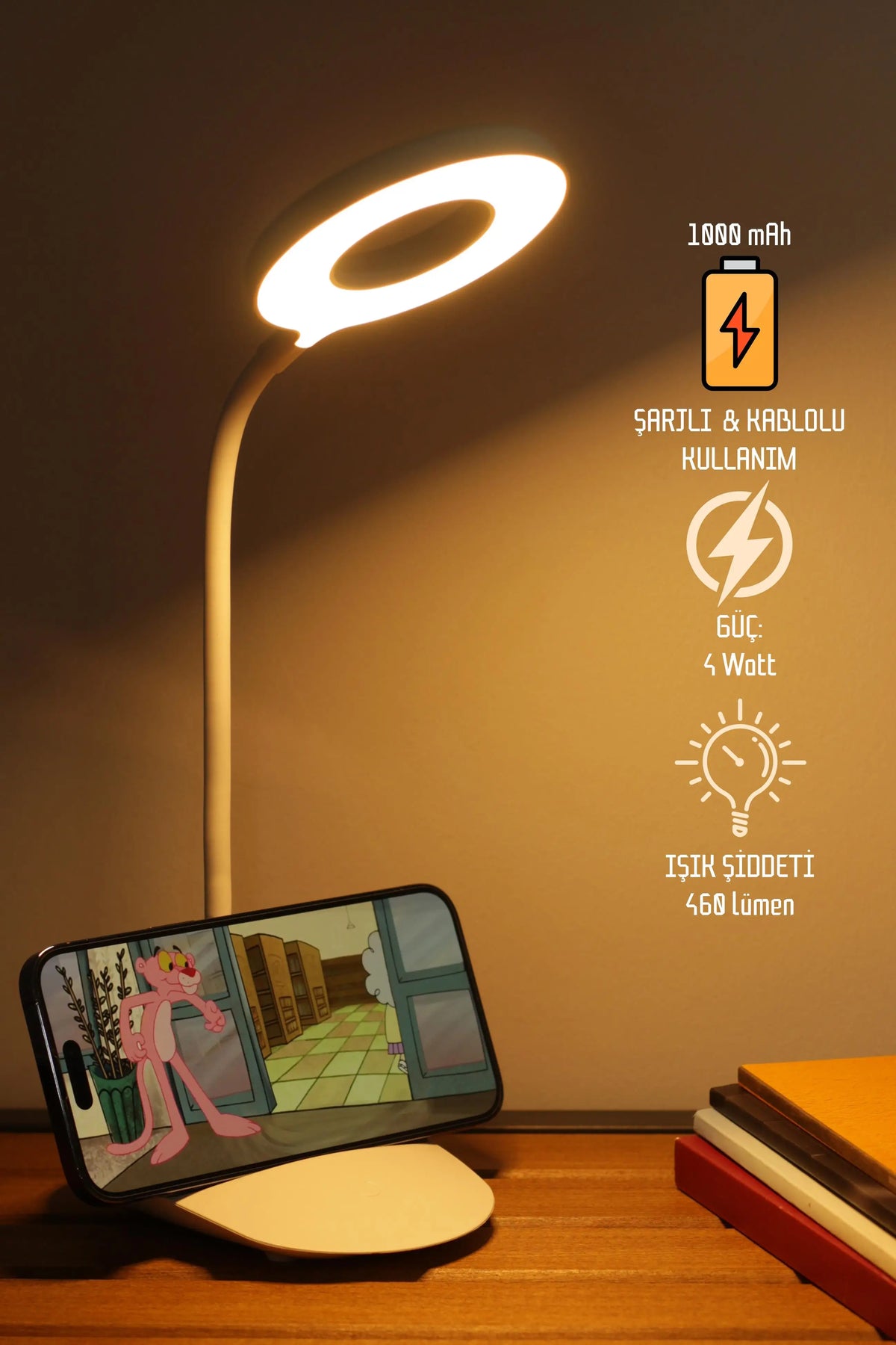Şarjlı Masa Lambası Dokunmatik 3 Renk 24 Led Telefon Standlı Kademeli Çalışma Okuma Işığı Lambası