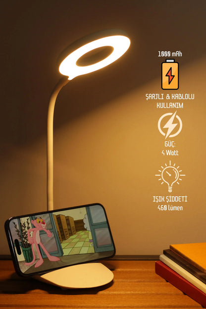 Şarjlı Masa Lambası Dokunmatik 3 Renk 24 Led Telefon Standlı Kademeli Çalışma Okuma Işığı Lambası