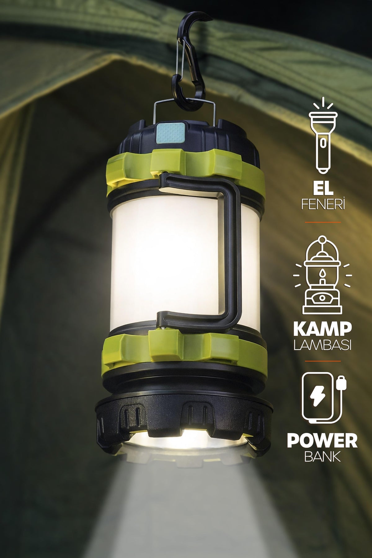 6 MOD Şarjlı Kamp Lambası El Feneri Powerbank Özellikli Su Geçirmez LED Işıldak Yeşil 47703