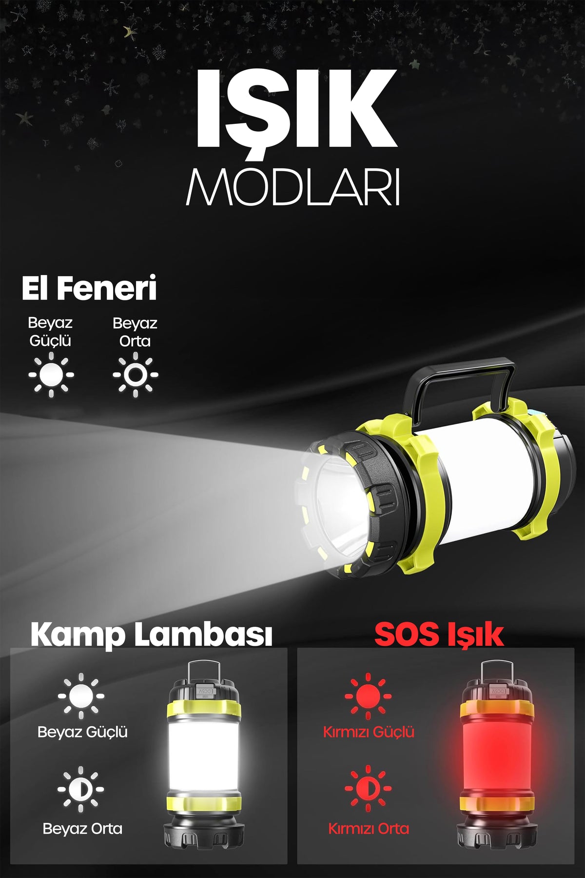 6 MOD Şarjlı Kamp Lambası El Feneri Powerbank Özellikli Su Geçirmez LED Işıldak Yeşil 47703
