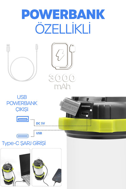6 MOD Şarjlı Kamp Lambası El Feneri Powerbank Özellikli Su Geçirmez LED Işıldak Yeşil 47703
