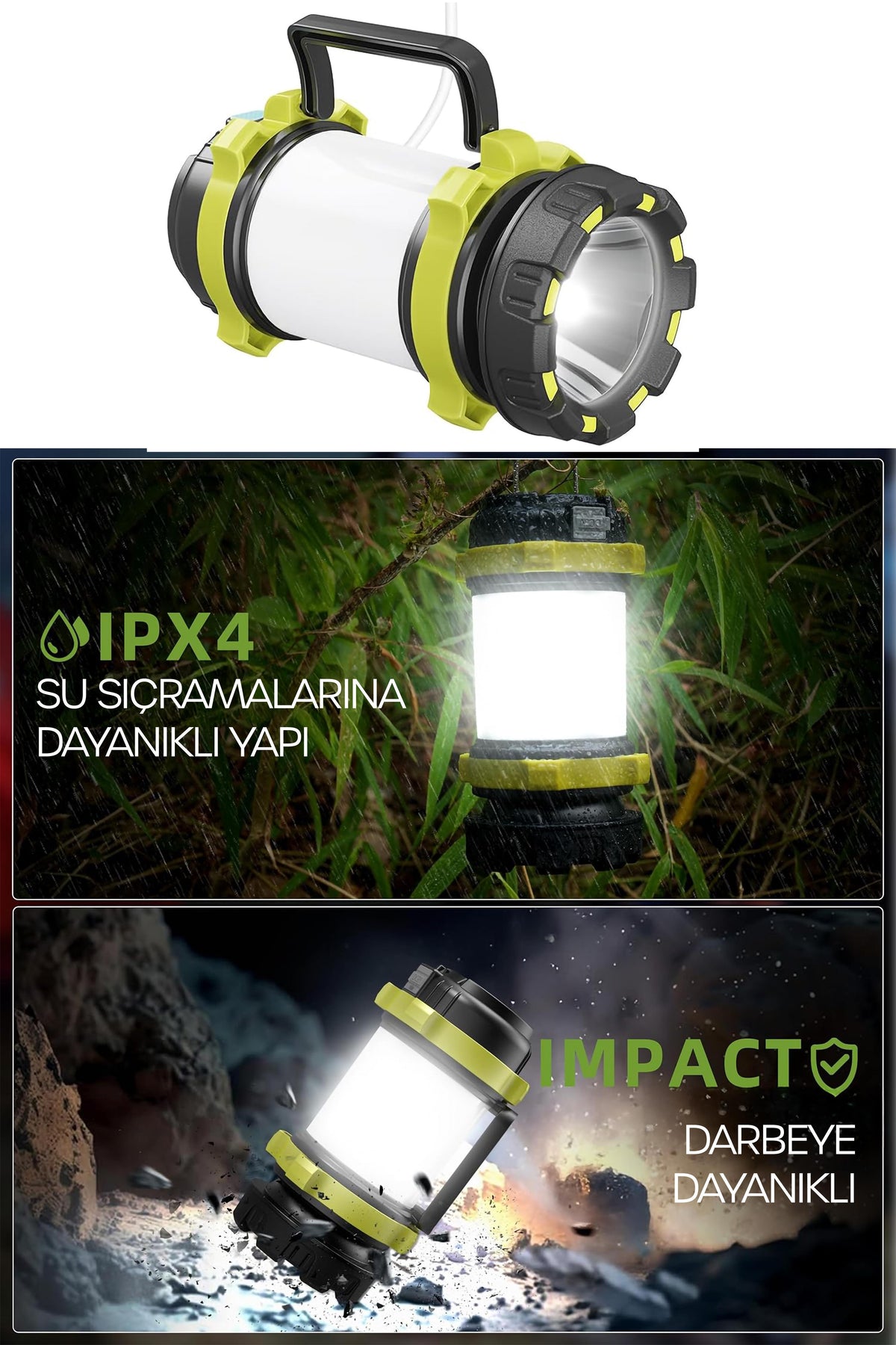 6 MOD Şarjlı Kamp Lambası El Feneri Powerbank Özellikli Su Geçirmez LED Işıldak Yeşil 47703