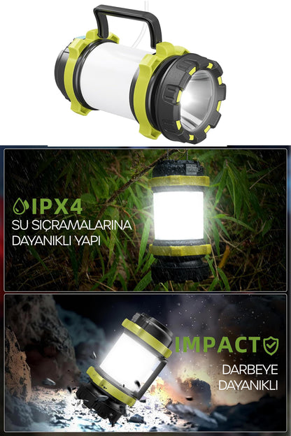 6 MOD Şarjlı Kamp Lambası El Feneri Powerbank Özellikli Su Geçirmez LED Işıldak Yeşil 47703