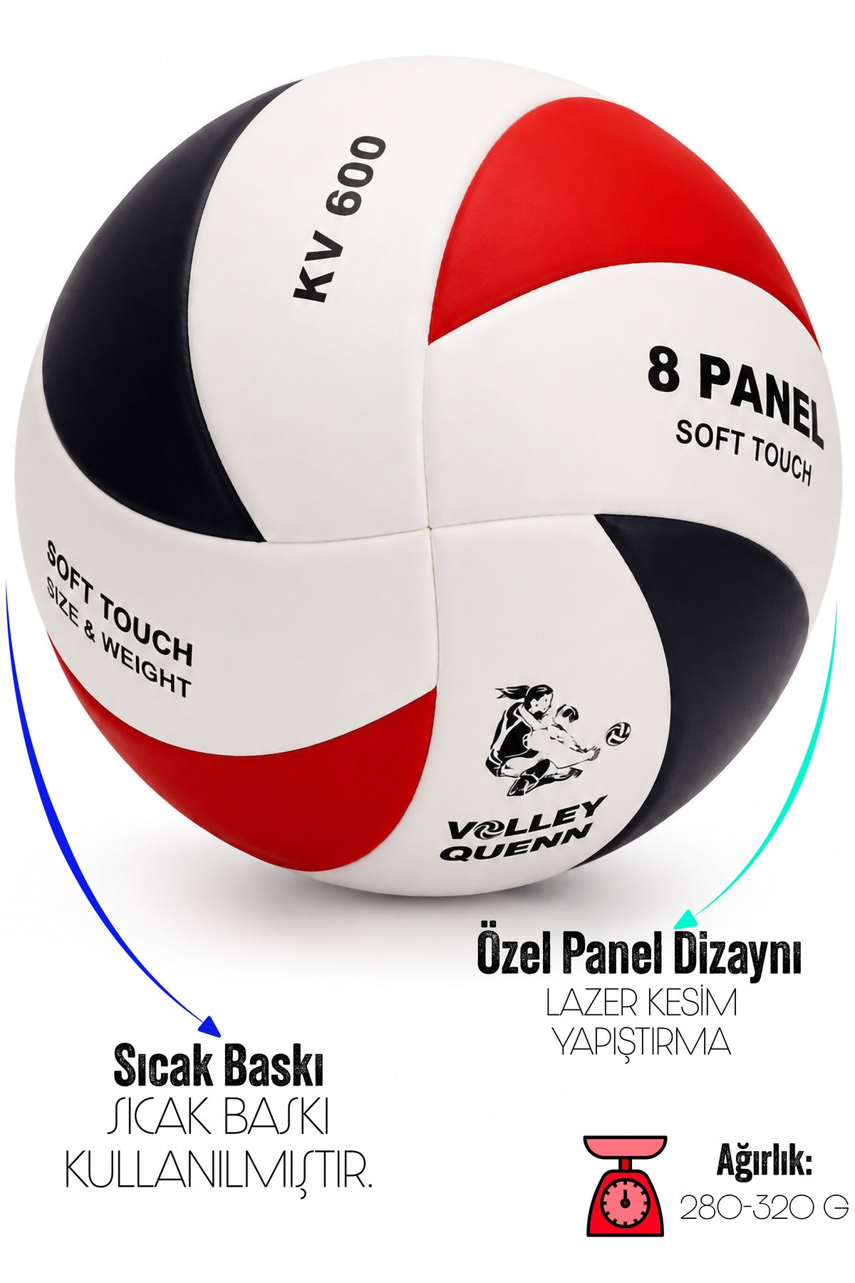 Voleybol Topu Swirl Soft Touch Yapıştırma Yumuşak Yüzey 8 Panel 5 Numara Kırmızı Beyaz KV600