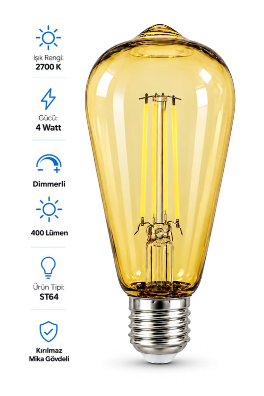 ST64 Dimmerli Rustik Gün Işığı 2700K Amber LED Ampul Filament E27 Duylu Filamanlı Edison Ampül