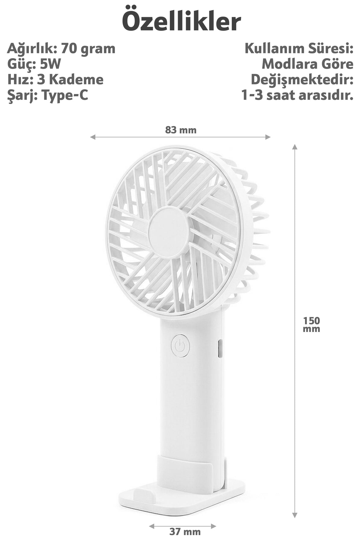 Standlı 3 MOD Şarjlı El Fanı 3 Kademe Seyahat Masaüstü Vantilatör Taşınabilir Mini Fan Beyaz F137