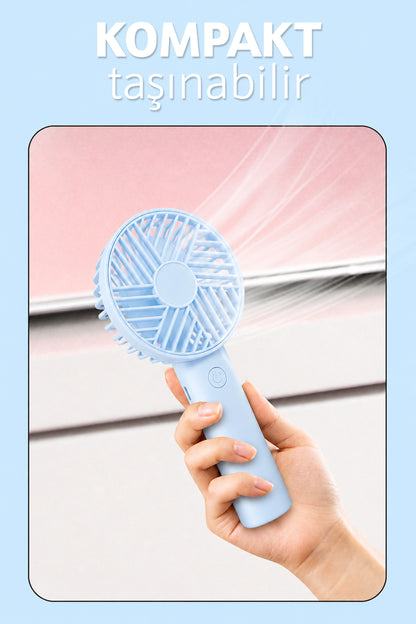 Standlı 3 MOD Şarjlı El Fanı 3 Kademe Seyahat Masaüstü Vantilatör Taşınabilir Mini Fan Mavi F137