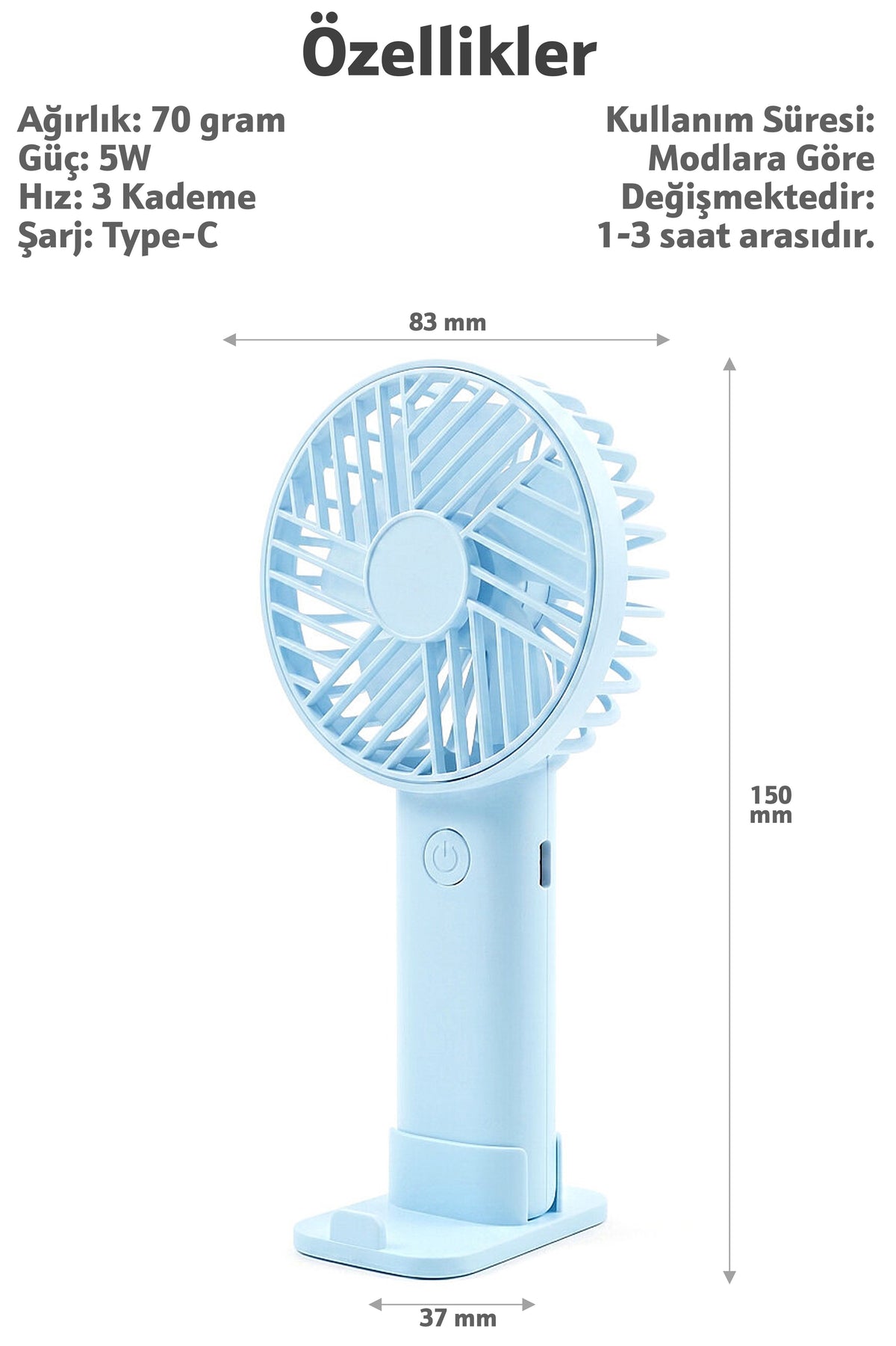 Standlı 3 MOD Şarjlı El Fanı 3 Kademe Seyahat Masaüstü Vantilatör Taşınabilir Mini Fan Mavi F137
