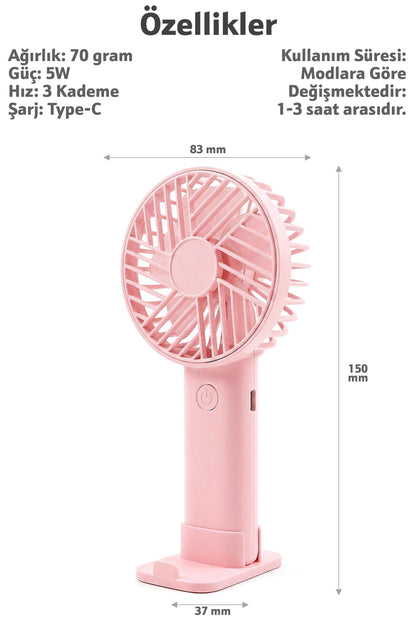 Standlı 3 MOD Şarjlı El Fanı 3 Kademe Seyahat Masaüstü Vantilatör Taşınabilir Mini Fan Pembe F137