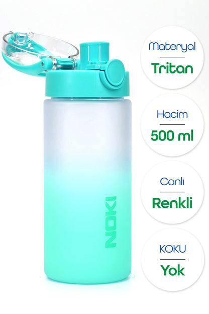 Su Matarası Tritan Geniş Ağız Su Şişesi Gradyan Spor Matarası Suluğu BPAsız 500 mL Turkuaz 0109