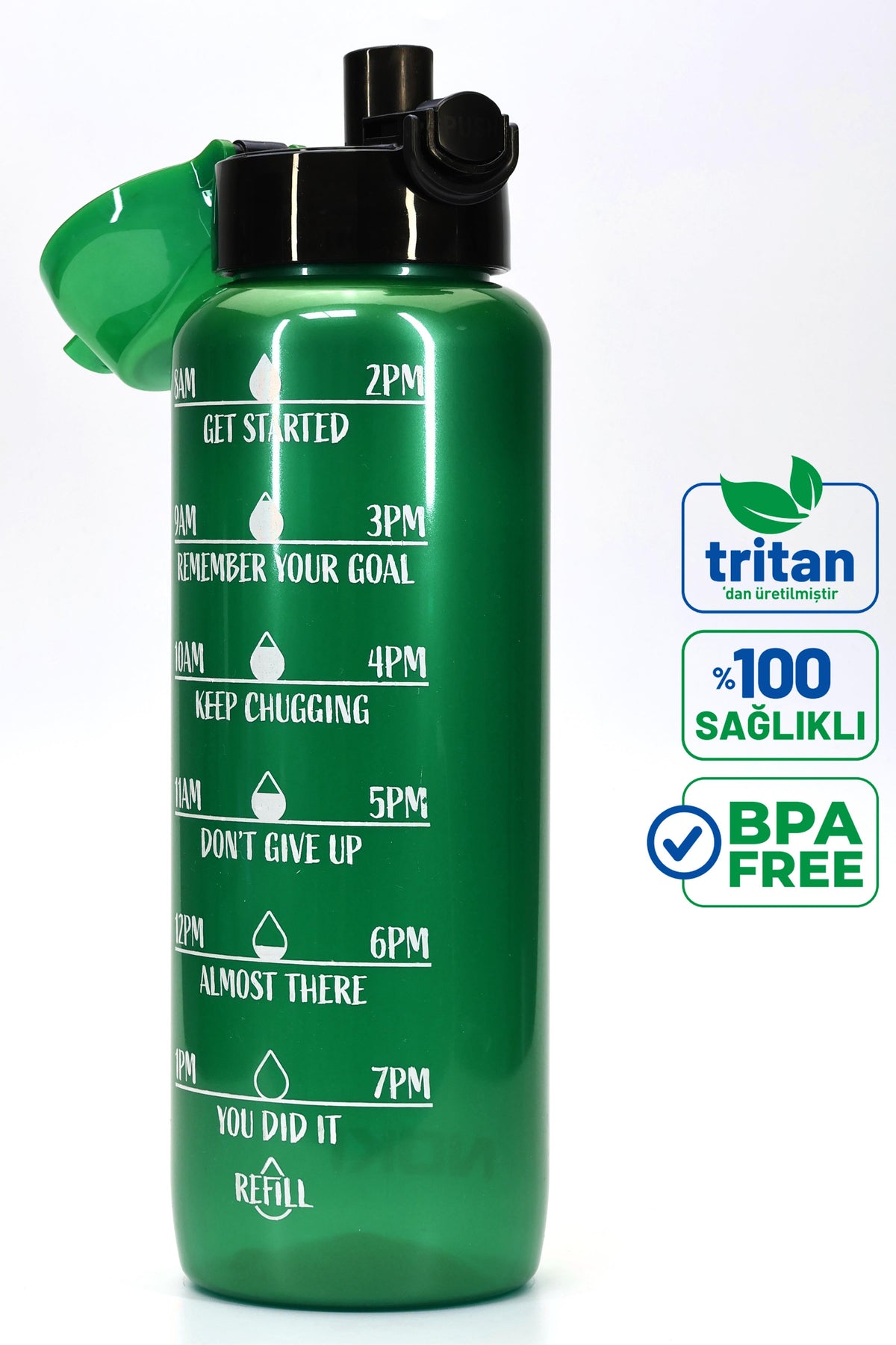 Su Matarası Tritan Geniş Ağız Su Şişesi Motivasyon Spor Matarası Suluğu BPAsız 1000 mL Yeşil T0103