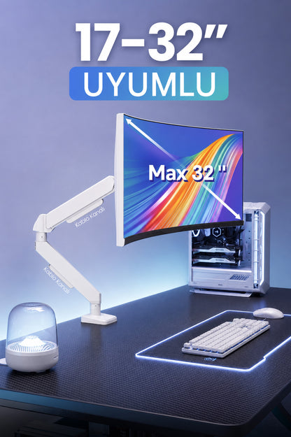 Tek Kollu Monitör Kolu VESA Uyumlu Hareket Ayarlanabilir Monitör Standı 17-32" 9KG Kapasite Beyaz