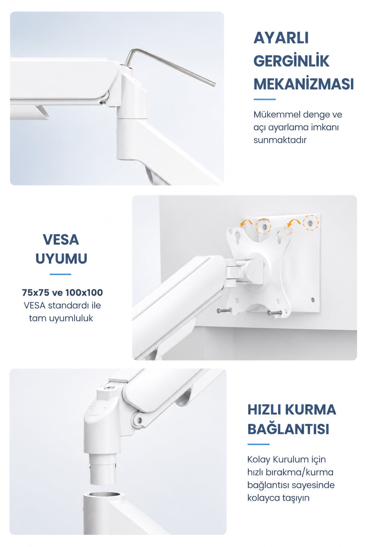 Tek Kollu Monitör Kolu VESA Uyumlu Hareket Ayarlanabilir Monitör Standı 17-32" 9KG Kapasite Beyaz