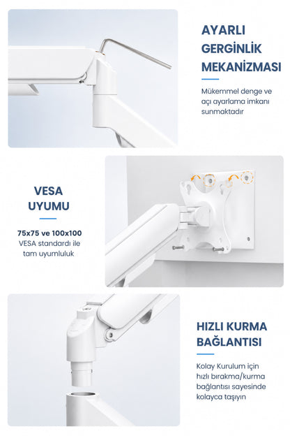 Tek Kollu Monitör Kolu VESA Uyumlu Hareket Ayarlanabilir Monitör Standı 17-32" 9KG Kapasite Beyaz