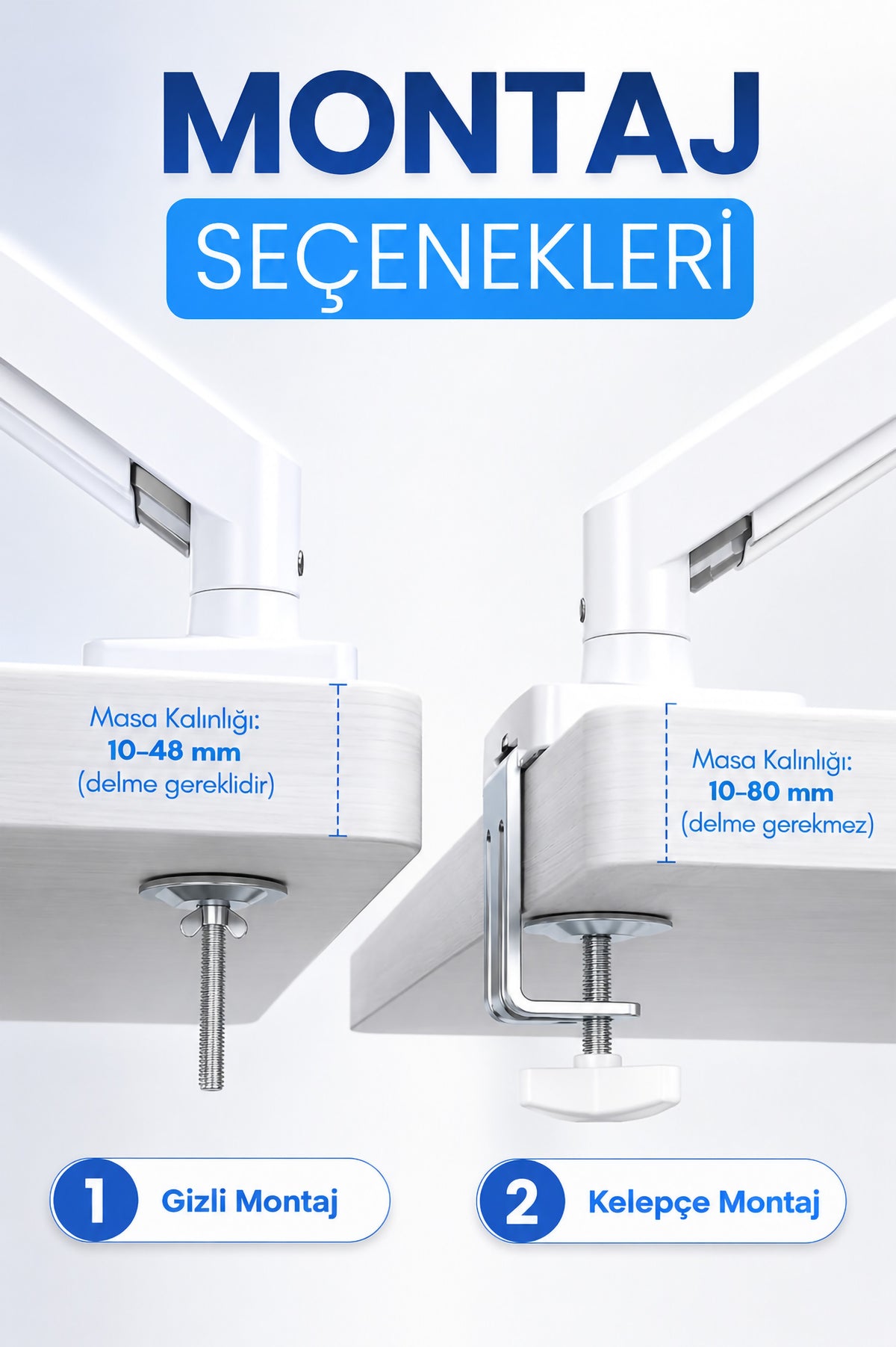 Tek Kollu Monitör Kolu VESA Uyumlu Hareket Ayarlanabilir Monitör Standı 17-32" 9KG Kapasite Beyaz