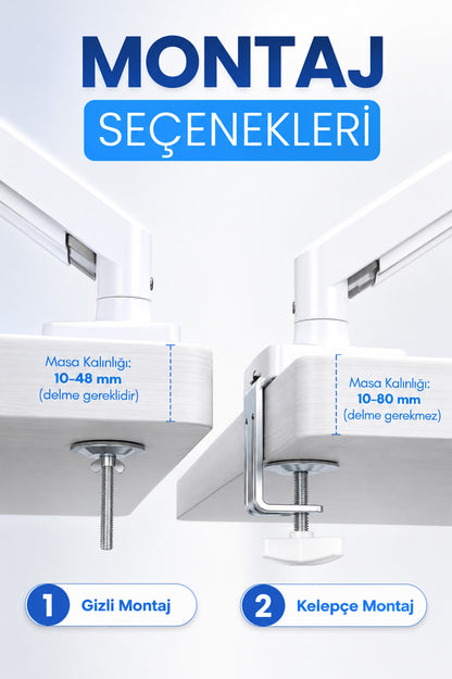Tek Kollu Monitör Kolu VESA Uyumlu Hareket Ayarlanabilir Monitör Standı 17-32" 9KG Kapasite Beyaz