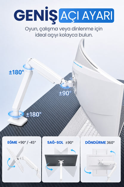 Tek Kollu Monitör Kolu VESA Uyumlu Hareket Ayarlanabilir Monitör Standı 17-32" 9KG Kapasite Beyaz