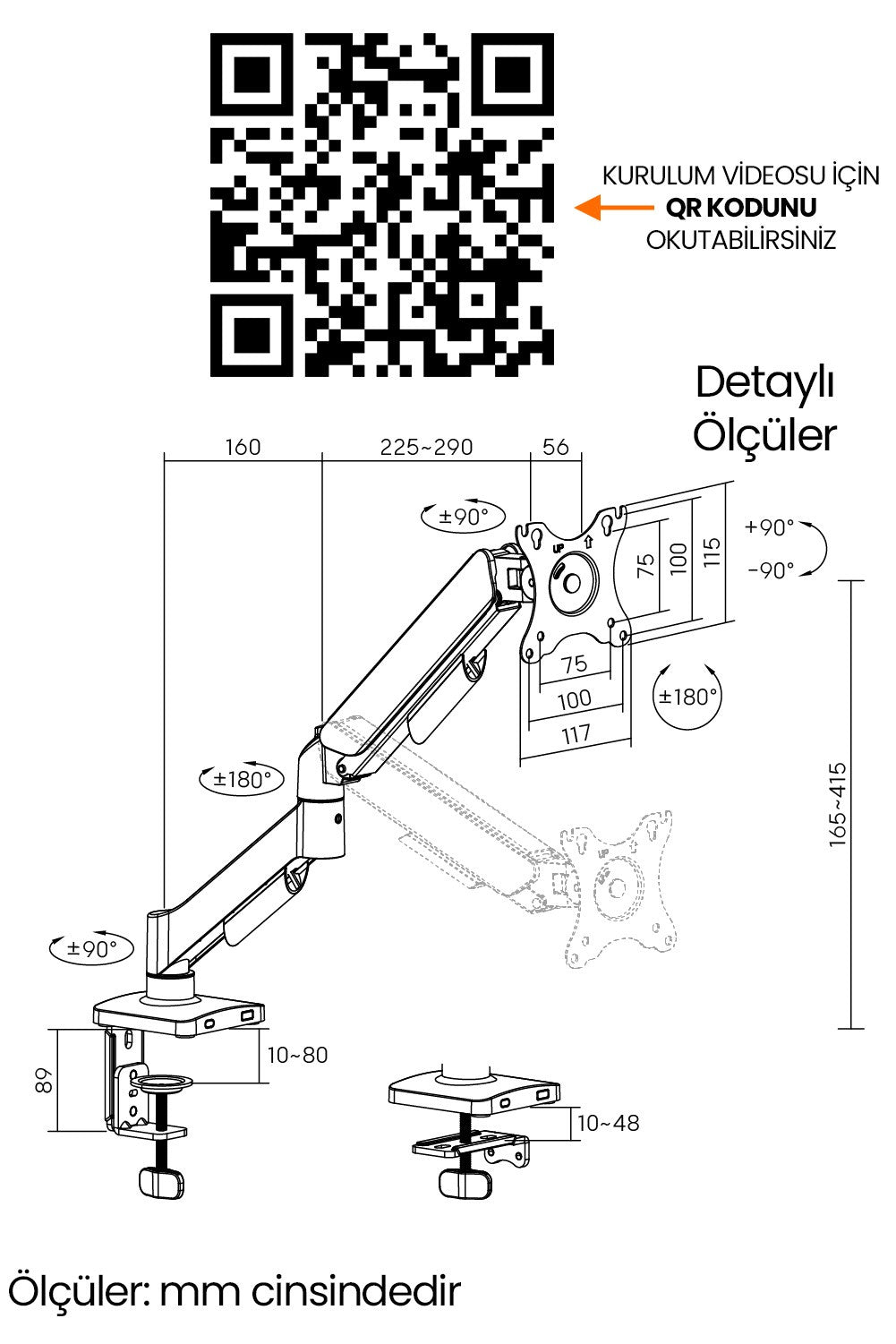 Tek Kollu Monitör Kolu VESA Uyumlu Hareket Ayarlanabilir Monitör Standı 17-32" 9KG Kapasite Beyaz