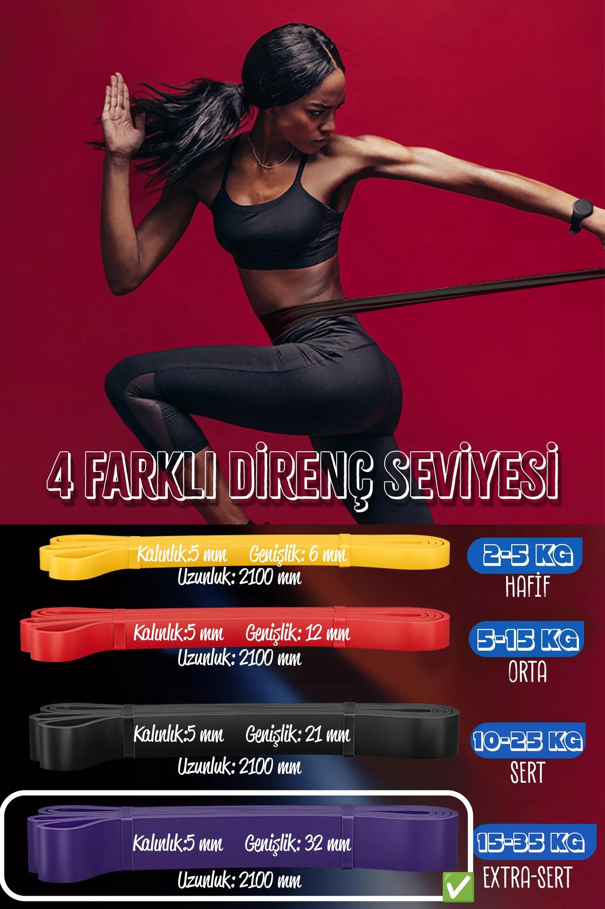 35 KG Direnç Bandı Kas Geliştirme Lastiği Fitness Pilates Cross Training Bant Mor - Extra Sert