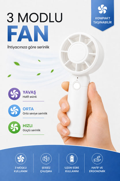 Turbo 3 MOD Şarjlı El Fanı 3 Kademe Seyahat Masaüstü Vantilatör Taşınabilir Mini Fan Beyaz F130