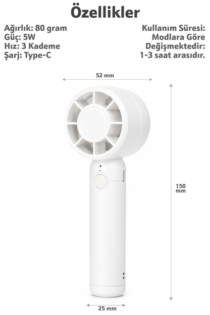 Turbo 3 MOD Şarjlı El Fanı 3 Kademe Seyahat Masaüstü Vantilatör Taşınabilir Mini Fan Beyaz F130